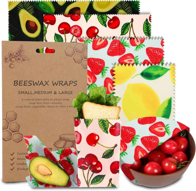 celsirex Reusable Beeswax Wrap, 4 Pack Eco-Friendly Beeswax Wraps For Food, Organic, Sustainable, Biodegradable, Zero Waste, Plastic-Free Food Storage, 1L Avocado, 1M Cherry, 1S Strawberry, 1XS Lemon Patterns - Image 1